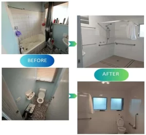 Before-and-after accessible bathroom renovation completed by SCE Corp in Quakers Hill
