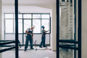 Two civil workers working inside a building during remediation