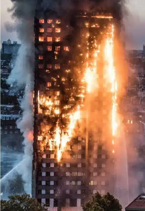 Grenfell Tower engulfed in fire during the 2017 disaster