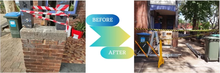 Before-and-after record of temporary support work beside a heritage school building