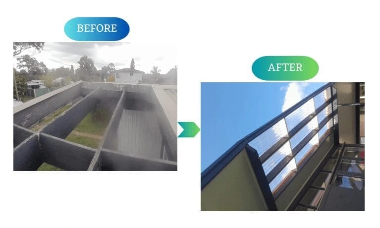 Before and after of covered-roof restoration at Emerton