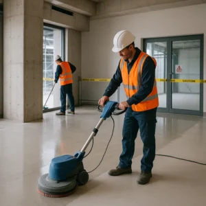 Construction worker carrying out post-construction floor cleaning in an unfinished building