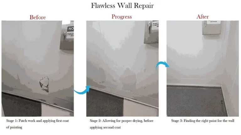 Before, progress and completed wall repair stages from a representative SCE school maintenance project