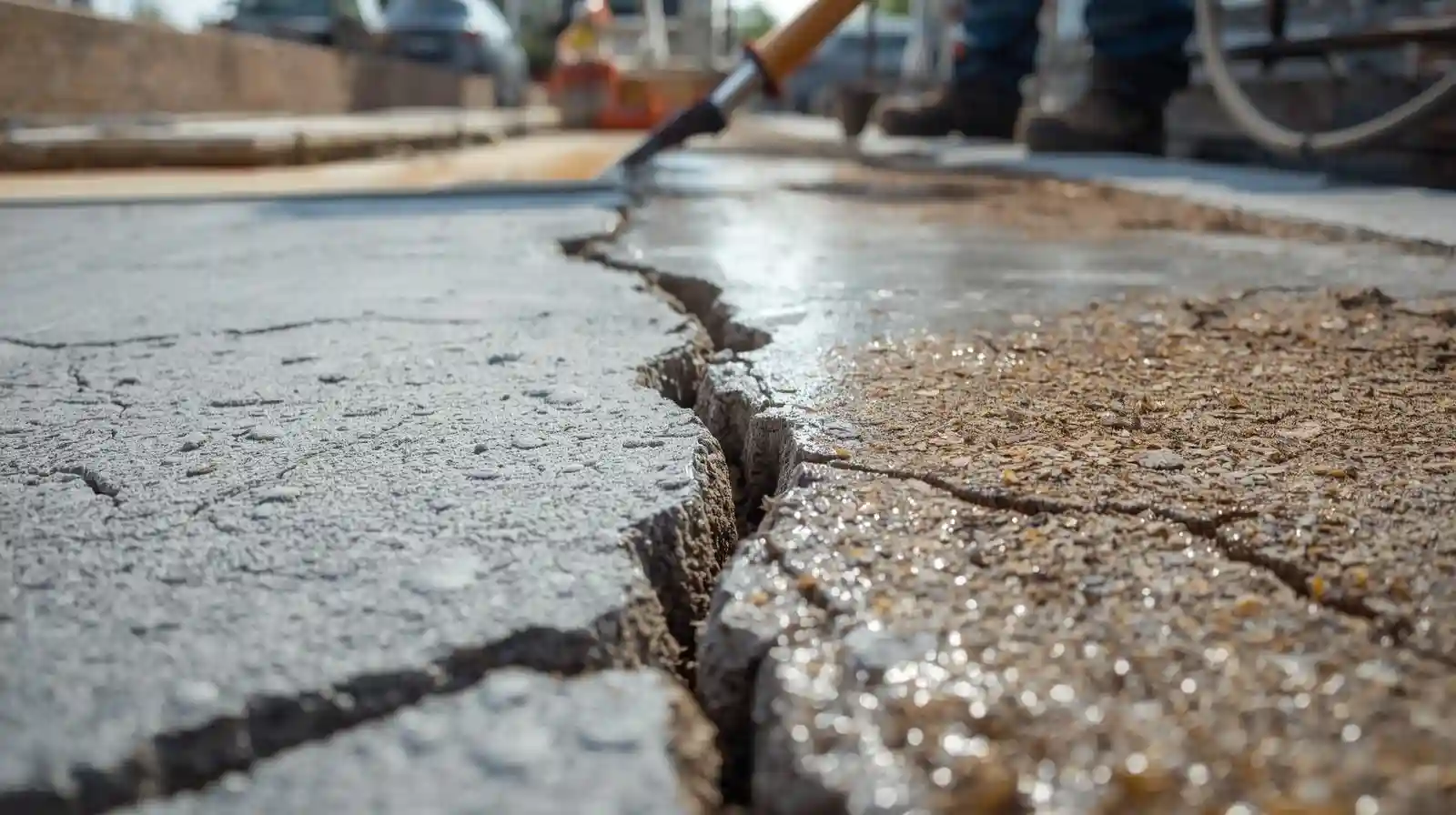 Close-up of a crack in a concrete surface during remedial preparation