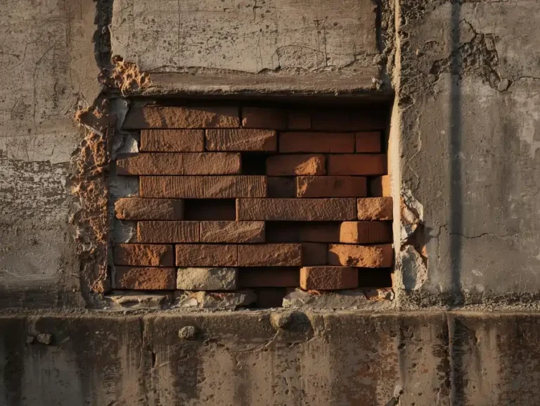 Aged concrete wall with exposed brick infill showing structural deterioration and repair during building refurbishment