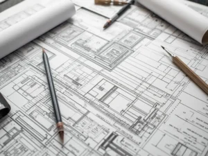 Detailed residential civil engineering plans with tools and drafting equipment