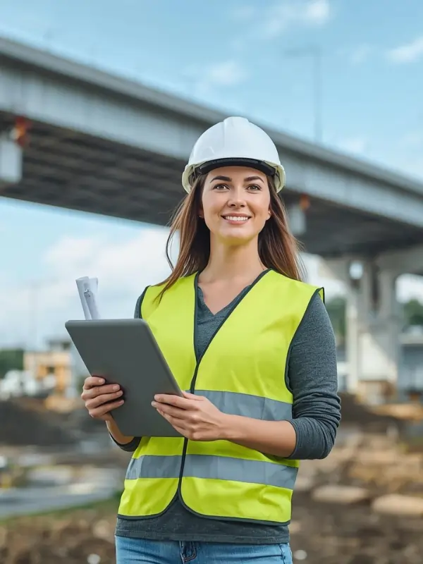 Civil engineering services Sydney — professional engineer in hard hat and hi-vis holding tablet at infrastructure construction site