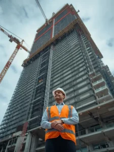 Civil engineer overseeing constructing tall building challenges on a high-rise site