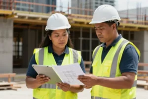 Construction engineer in a hard hat reviewing construction drawings on a tablet with a site foreman on an active building site in Sydney