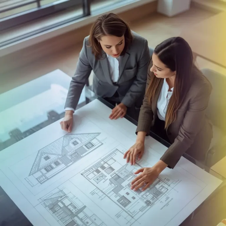 Architects reviewing drawings during the design and documentation stage of the construction process for building a house