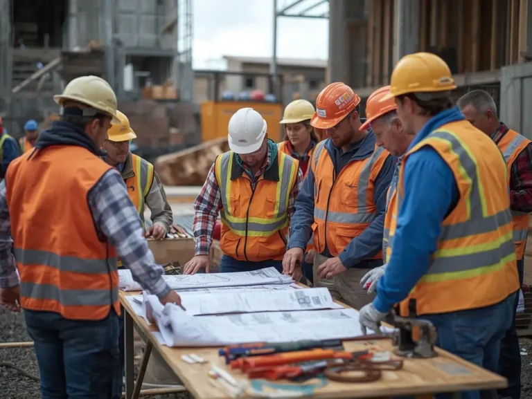 Construction team reviewing residential civil plans on active worksite