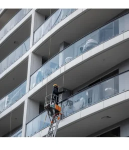 Tradesperson applying protective facade waterproofing sealant to a multi storey apartment building in Sydney