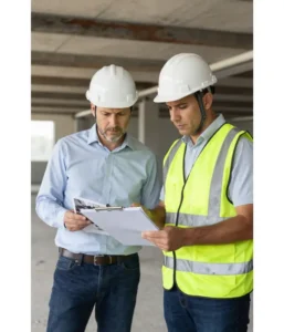 Two construction professionals reviewing insurance repair documentation and damage reports on a clipboard inside a building in Sydney
