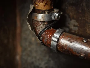 Corroded drainage pipe with visible rust and leakage at joint connection
