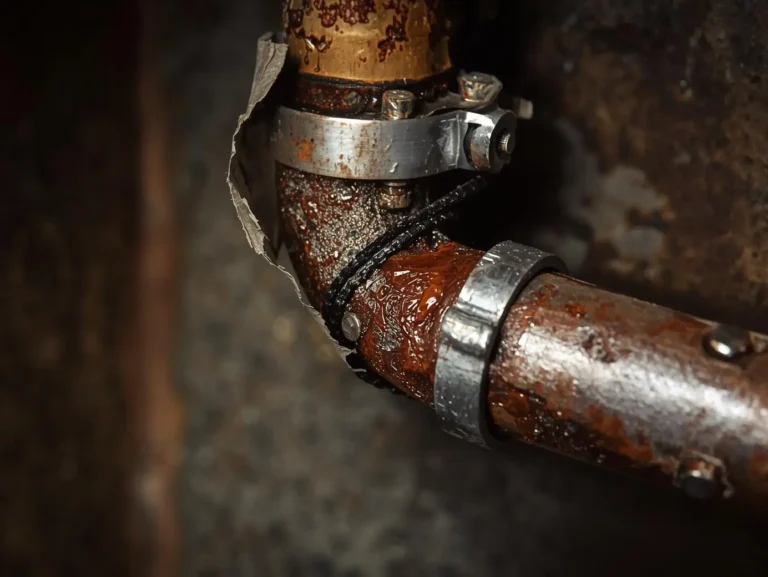 Corroded drainage pipe with visible rust and leakage at joint connection