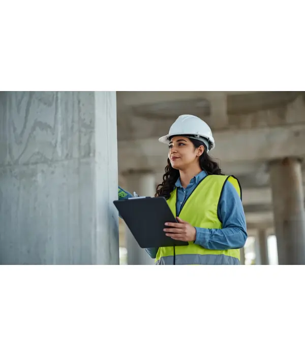 Engineer assessing structural strengthening requirements on a concrete building element at a Sydney construction site
