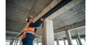 Construction worker applying carbon fibre reinforced polymer strengthening to a concrete beam on a Sydney building site