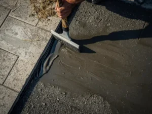 Waterproofing membrane being applied to an outdoor surface to protect a building structure from water damage.