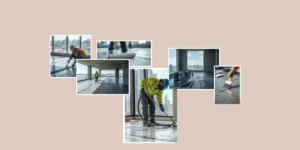 Construction worker applying liquid waterproofing membrane to a prepared concrete surface