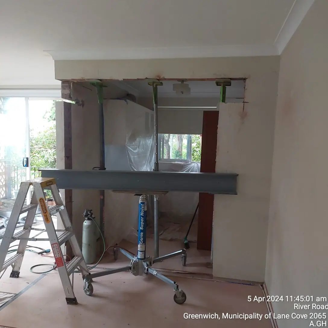 Kitchen wall removal during SCE's Lane Cove apartment renovation