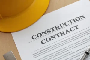 Construction contract documents and a hard hat on a desk representing building insurance policy review