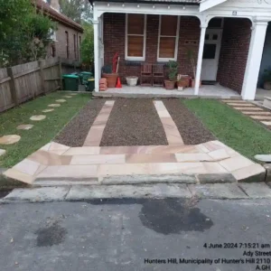 Completed sandstone vehicle crossing and pedestrian access at a Hunters Hill residence