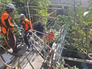 Workers using scaffold access and fall protection during controlled footbridge demolition at Lane Cove North