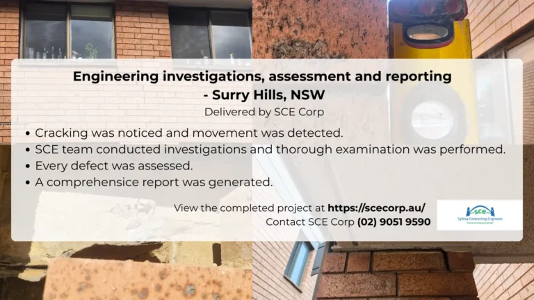 Poster showing brickwork cracking and level checks during a building investigation in Surry Hills, NSW
