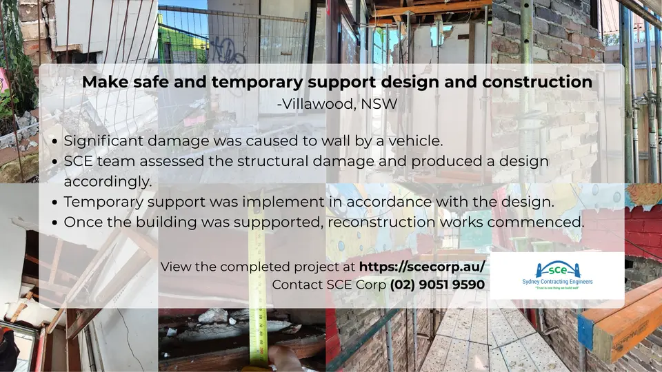 Propped masonry area during vehicle impact make-safe works in Villawood NSW