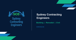 SCE Corp logo with Sydney Contracting Engineers building, remedial and civil services