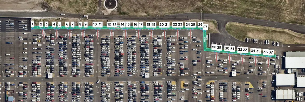 Numbered aerial placement reference for concrete barriers at Blue Emu Car Park.