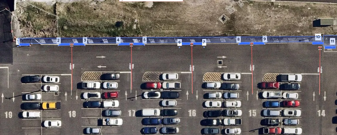 Annotated aerial view of concrete barrier set-out at Blue Emu Car Park.