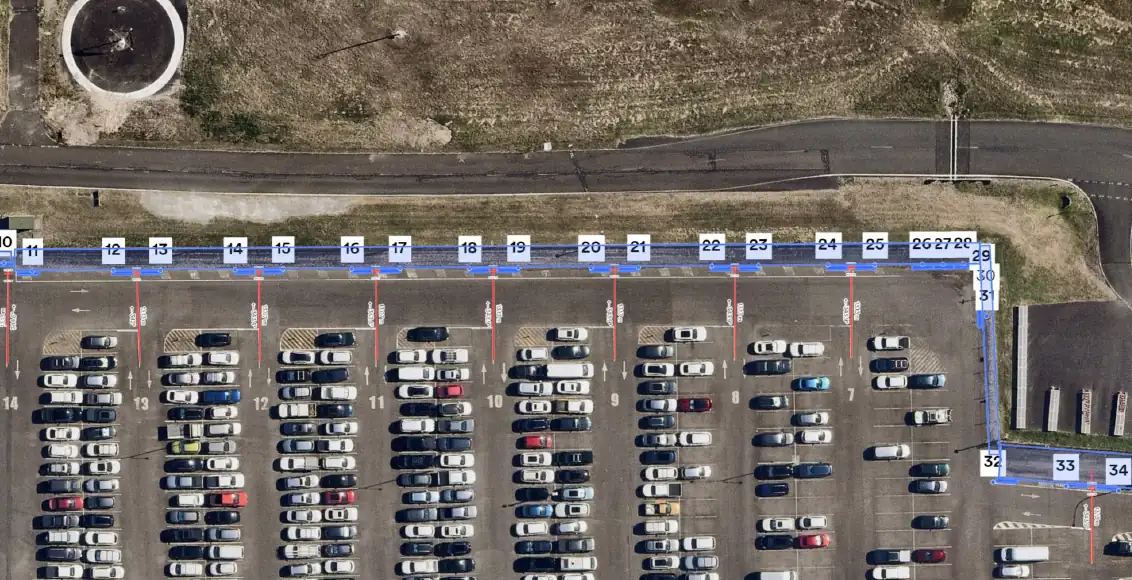 Detailed annotated aerial view of Blue Emu Car Park barrier positions.