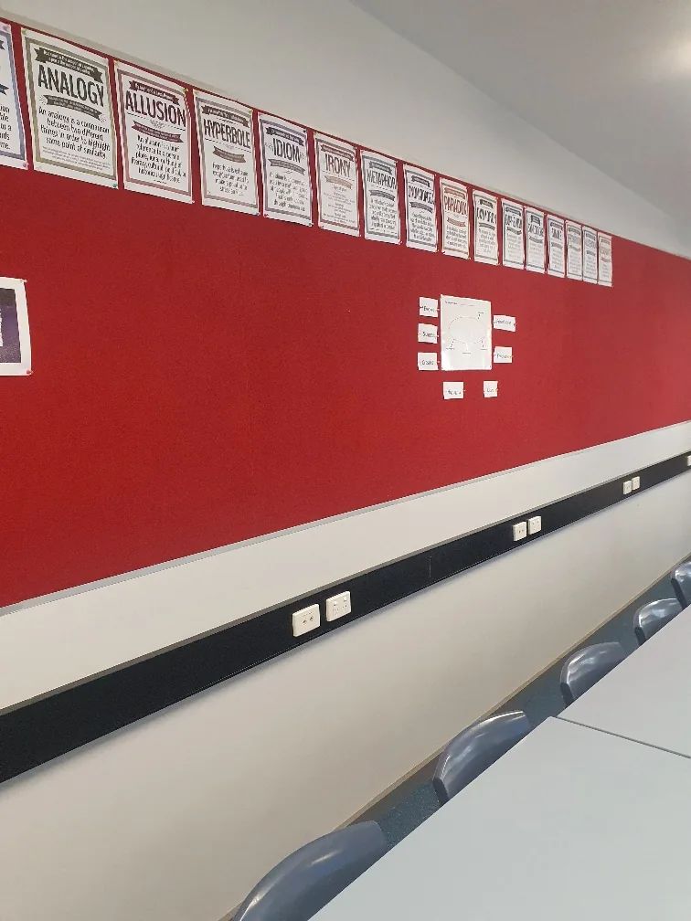 Red acoustic wall panels beneath classroom learning posters at Cherrybrook Technology High School