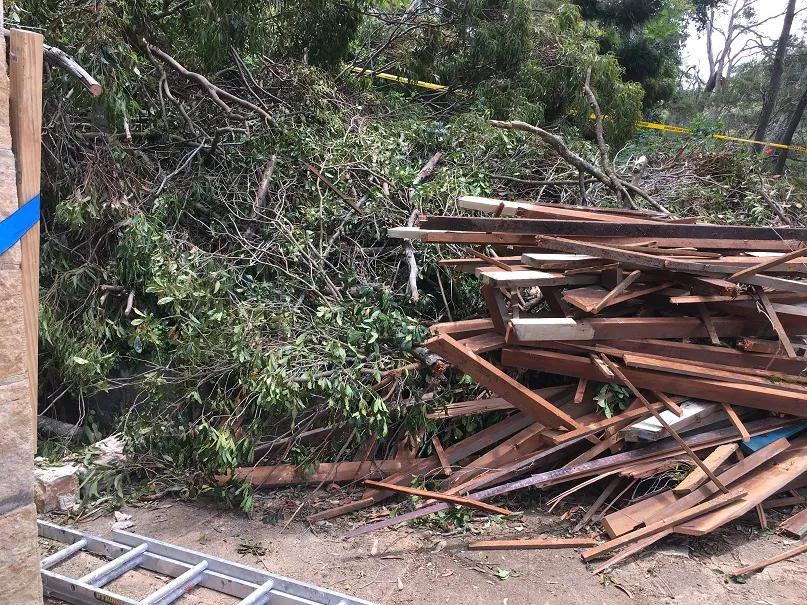 Tree branches and dismantled roof timbers beside the damaged boat shed