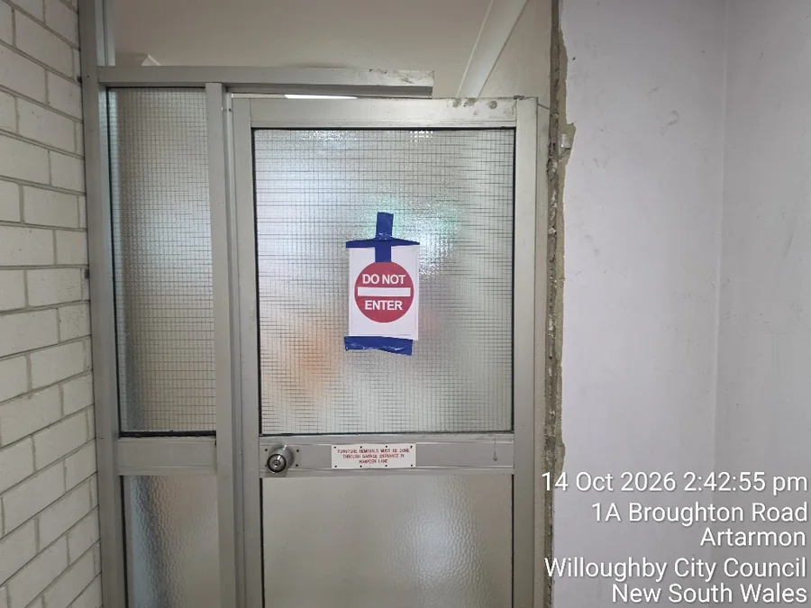 Do not enter sign identifying a restricted work area at the Artarmon apartment building